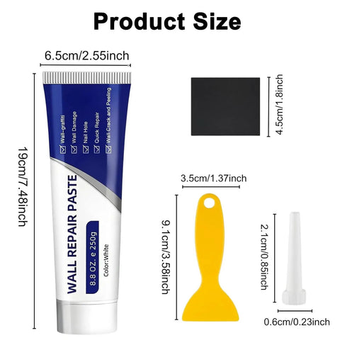 Two Piece Drywall Repair Kit With Mending Paste Scraper Sandpaper And Nozzle Extender For Quick Drying Holes And Cracks DIY Wall Patch Paste Repair Kit For Easy Home Fixes showing all components and sizes.