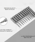 Awesome Hollow Torx Screwdriver Bit Set Made From Tough Alloy Steel With Center Pin Hole. This 11-Piece Kit Slams Into Electronics And Appliance Repairs Without Stripping Heads For Smooth Driving Every Single Time. 11-piece T5 to 740 set