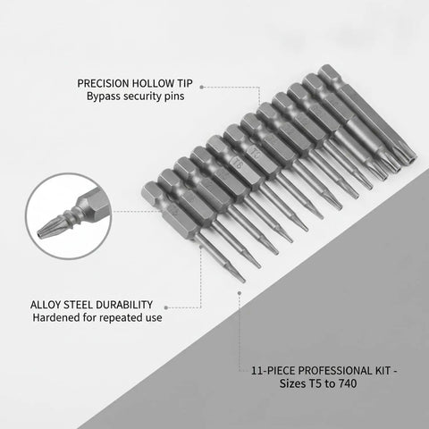 Awesome Hollow Torx Screwdriver Bit Set Made From Tough Alloy Steel With Center Pin Hole. This 11-Piece Kit Slams Into Electronics And Appliance Repairs Without Stripping Heads For Smooth Driving Every Single Time. 11-piece T5 to 740 set