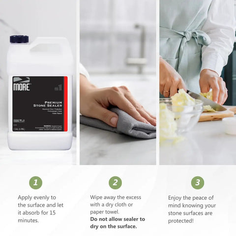 High End Water Based Stone Sealant For Granite Marble Concrete And Grout Keeps Indoors Or Outdoors Lookin Clean While Shutting Out Oil Stains With A Slick Invisible Coating That Guards Surfaces From Daily Messes In One Full Gallon For No Hassle. One gallon stone sealer bottle beside hands wiping a surface.