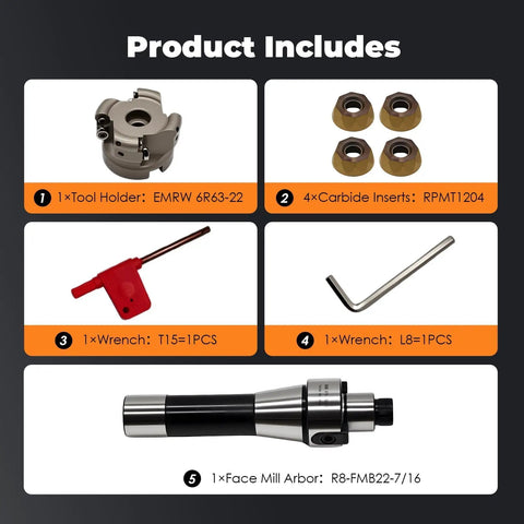 Face Mill Cutter Set With Hard Alloy Inserts R8 FMB22 Plus Accessories For Precision Milling tool, inserts, wrenches, arbor