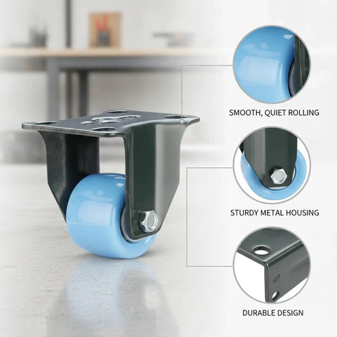 Rock Solid Rigid Fixed Direction Plate Caster Wheel With Hella Tough Polyurethane Tread Super Slick Straight Line Tracking For Badass Heavy Duty Workbenches Industrial Carts Garage Gear 5.5 X 4.0 X 5.9 Inches Single Pack with sturdy metal housing and blue wheel