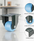 Heavy Lifter Rigid Plate Caster Wheel With Durable Polyurethane Tread For Workshop Builds And Industrial Carts Holds True Line Track Smooth Quiet Roll 5.5 X 4.0 X 5.9 Inches Single Unit, showcases a blue wheel and sturdy metal housing.