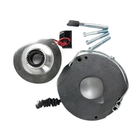Electromagnetic brake assembly (front view) with black housing, silver rotor, red wires and mounting screws