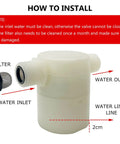 Two Pack Three Quarter Inch Side Inlet Float Valve For Water Tanks with labeled parts; water inlet and outlet, 2cm water limit line