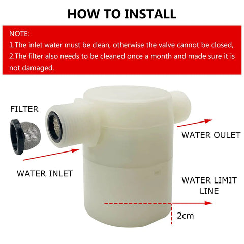 Two Pack Three Quarter Inch Side Inlet Float Valve For Water Tanks with labeled parts; water inlet and outlet, 2cm water limit line