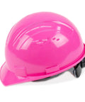 Hi Vis Pink Cap Style Hard Hat With Four Point Ratchet Suspension for construction and outdoor work, showing side view.