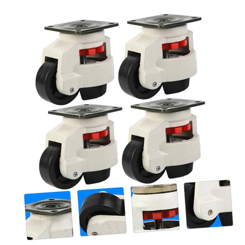 Beefy Heavy Duty Swivel Leveling Casters Wheels Set With Adjustable Feet 4 Pack 60mm Flat Plate Industrial Workbench Castors, black wheel detail