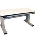 Lock In Major Ergonomic Wins With This Electric Height Adjustable Workbench Featuring Esd Laminate Desktop And Light Gray Frame For Sweet Custom Projects, angled view showing ESD top.