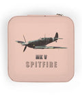 Pink Spitfire Aircraft Jewelry Travel Case with Soft Plush Interior, ultra-compact 4x4x2 inch box, featuring Spitfire image