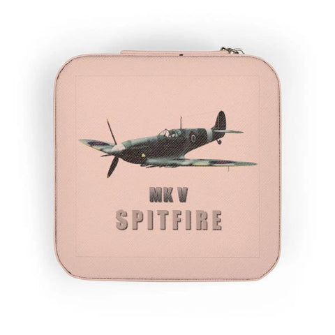 Pink Spitfire Aircraft Jewelry Travel Case with Soft Plush Interior, ultra-compact 4x4x2 inch box, featuring Spitfire image