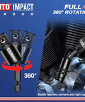 9 Piece Impact Drill Socket Adapter Set With Universal Joint Adapters, 1/4 Inch Hex Shank Wrench Adapters, Drives 1/4, 3/8, 1/2 Inch For Automotive And DIY, Extend Reach 2.6 To 6 Inches, CR-V Steel demonstrating 360-degree rotation in use on an engine.