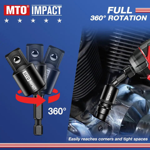 9 Piece Impact Drill Socket Adapter Set With Universal Joint Adapters, 1/4 Inch Hex Shank Wrench Adapters, Drives 1/4, 3/8, 1/2 Inch For Automotive And DIY, Extend Reach 2.6 To 6 Inches, CR-V Steel demonstrating 360-degree rotation in use on an engine.