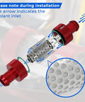 Exploded view of 3/4 Inch Universal Inline Coolant Filter For Heater Core Red showing internal stainless cartridge structure