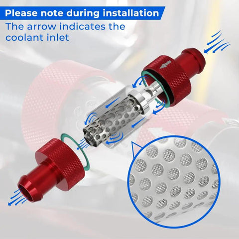 Exploded view of 3/4 Inch Universal Inline Coolant Filter For Heater Core Red showing internal stainless cartridge structure
