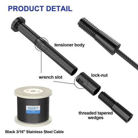 10 Pack Three Sixteenth Inch Black Swageless Invisible Cable Railing Kits With Tensioner System For Easy Install On Deck Or Stair Railings Ideal For Outdoor Or Indoor Projects With Durable Components And Quick, Easy Adjustability For A Slick Look. black 3/16" stainless steel cable with tensioner body, lock-nut, and threaded tapered wedges