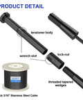 Complete 20 Pack Black Swageless Cable Railing Kit For 3/16 Inch Invisible Deck Wire Fencing Featuring Rock Solid Tensioners and detailed product parts.