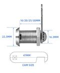 Side view of 4 Pack Cabinet Locks With Iron Keys Cam Cylinder Lock dimensions in millimeters, showing metal structure
