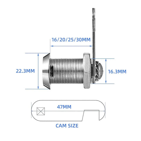 Side view of 4 Pack Cabinet Locks With Iron Keys Cam Cylinder Lock dimensions in millimeters, showing metal structure