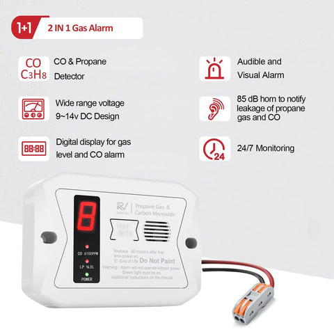 RV Dual CO And Propane Alarm Hardwired 12V DC Detector With digital display and quick-connect plug for travel trailers.
