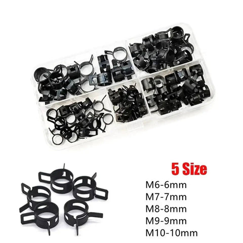 500 Pack Spring Band Hose Clamp Assortment Kit featuring 6-10mm Silicone Vacuum Line Clips in storage box, 5 sizes