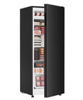 Badass 7 Cubic Foot Upright Freezer With Five Adjustable Shelves, filled with meats and meals, compact design for home kitchens.