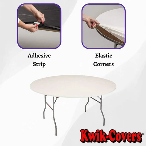 60 Inch Round Fitted Plastic Table Covers Bundle Of 5 White Elastic Vinyl Covers That Stretch Over Edges Up To 2.5 Inches Thick