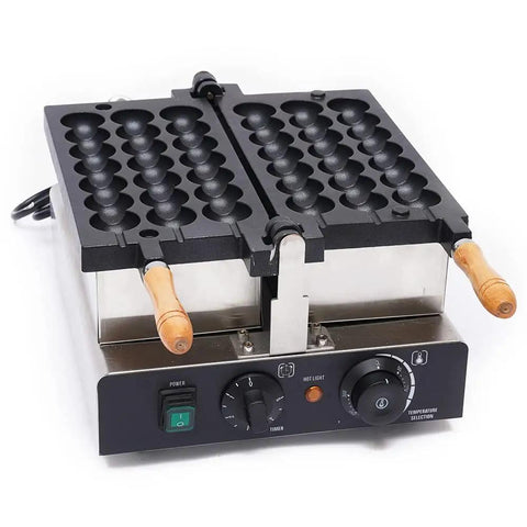 Commercial 1800W Bubble Skewer Waffle Ball Machine featuring dual heating plates and simple temp controls.