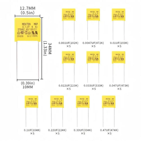 275VAC X2 MKP Safety Capacitor Kit 10 Value Pack With 50 Pieces In Yellow Plastic Case, 10mm Pitch, Product Layout