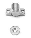 Close-up of Eight To Nine Pound Magnetic Door Latch Kit for cabinets, silver zinc alloy magnet and strike plate