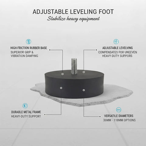 No Sweat Adjustable Leveling Feet With Grippy Rubber Base For Laundry Machines Workshop Benches And Heavy Shelving On Uneven Concrete Surfaces, black rubber pad with threaded screw.