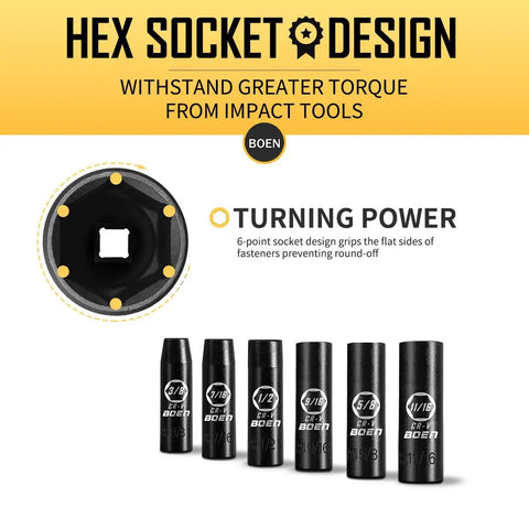 Hex socket design of Half Inch Drive Deep Impact Socket Set 19-Piece Workhorse Cr-V Steel, SAE Range From Three Eighths To One And One Quarter Inch