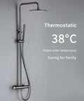 Wall Mounted Thermostatic Shower System Combo Set With 12 Inch Rainfall Head And Handheld Sprayer Temperature Stabilizing Bathroom Faucet Gray Brass Finish.