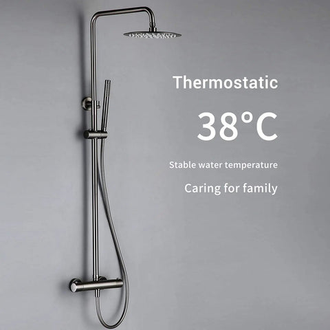 Wall Mounted Thermostatic Shower System Combo Set With 12 Inch Rainfall Head And Handheld Sprayer Temperature Stabilizing Bathroom Faucet Gray Brass Finish.