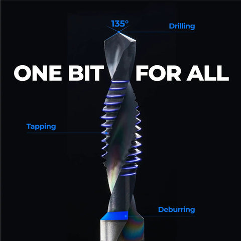 Close-up of Metric M3 To M10 6Pc Combo Drill And Tap Bit Set With Ultra TiAlN Coating showing 135° drilling angle.
