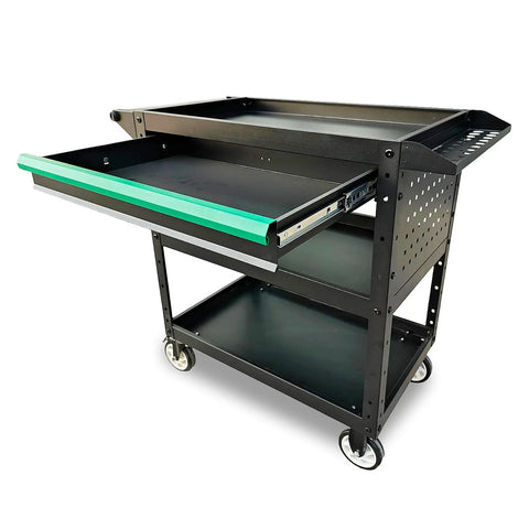 Heavy-Duty Rolling Utility Cart With Wooden Top, 3-Tier Mobile Workshop Table On Sturdy Casters, Boss-Grade Tool Organizer Cabinet