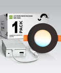 Slim 3 Inch LED Recessed Light Kit With Easy Install And 5 Color Temperatures 2700K 3000K 3500K 4000K 5000K Dimmable Canless Wafer Downlight With J Box Ultra Thin Round Panel Lighting UL Energy Star 6 Pack shown with packaging and wiring box.