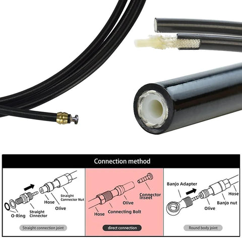 Close-up of CYSKY bicycle hydraulic brake hose kit, 2500mm, with 8 olives and 8 brass inserts, black hose and fittings.
