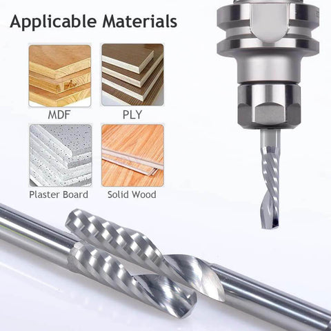Two router bits, 1/8 in shank, single-flute up-cut (O flute); 1/16 in dia, 0.24 in cut length, 1.5 in OAL.