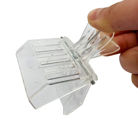 Close-up of Clear Queen Bee Cage Catcher Clip Set For Beekeeping Tools showing transparent plastic clip with metal hinge.