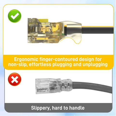Super Heavy Duty 100 Ft Outdoor Extension Cord 12 AWG 3 Outlet Locking Plug With LED Indicator All Copper 15 Amp ergonomic plug design comparison