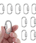 Hand holding 304 Stainless Steel D Shaped Locking Quick Link Carabiner Set Of 10, Heavy Duty Secure Connector