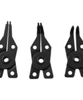 Three black interchangeable jaw heads for 4 In 1 Snap Ring Pliers Set With Interchangeable Jaw Heads For Auto And Engine Repair, 45 90 180 Degree Angled Jaws, AC Compressor Clutch Holding Tool For Retaining Ring Removal And Installation Pro Grade Build.