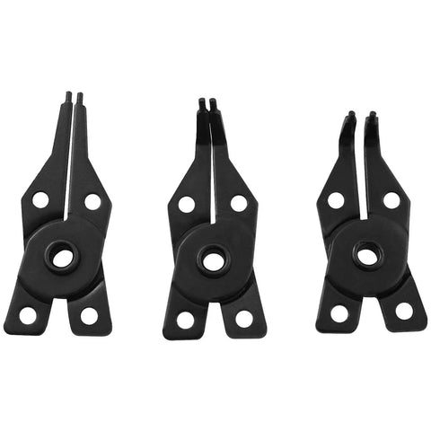 Three black interchangeable jaw heads for 4 In 1 Snap Ring Pliers Set With Interchangeable Jaw Heads For Auto And Engine Repair, 45 90 180 Degree Angled Jaws, AC Compressor Clutch Holding Tool For Retaining Ring Removal And Installation Pro Grade Build.