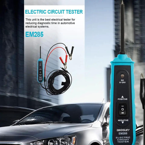 Pro Grade Automotive Circuit Tester With Buzzer Alarm And LED Indicator For Instant Short Circuit Finding depicted outdoors next to car