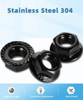 Heavy Duty 5/16 Inch Hex Serrated Flange Lock Nuts With Black Oxide Coating Built Tough As Nails Using Grade 304 Stainless Steel 18 8 For Zero Hassle Installation And Bulletproof Grip In A 25 Piece Pack, showing three nuts with serrated flanges.