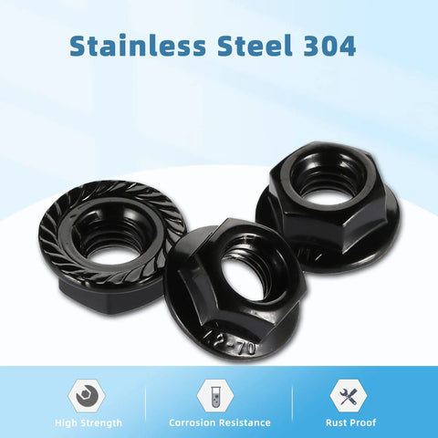 Heavy Duty 5/16 Inch Hex Serrated Flange Lock Nuts With Black Oxide Coating Built Tough As Nails Using Grade 304 Stainless Steel 18 8 For Zero Hassle Installation And Bulletproof Grip In A 25 Piece Pack, showing three nuts with serrated flanges.