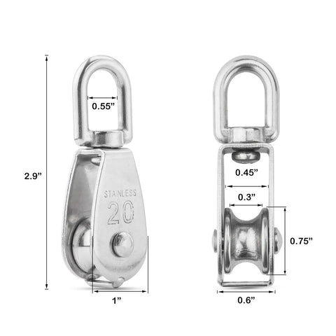 Set Of 10 Pro Grade Heavy Duty Stainless Steel Swivel Pulley Blocks For Wire Rope 7mm, Single Pulley Wheel With 200 Lb Load Capacity, Rust Resistant 304 Stainless, 360 Degree Swivel For Easy Hoisting And Towing, 2.9 in size