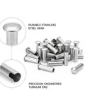 Rock Solid Semi Tubular Rivets 100 Pack 304 Stainless Steel Permanent Fasteners showing durable stainless steel heads and tubular ends.