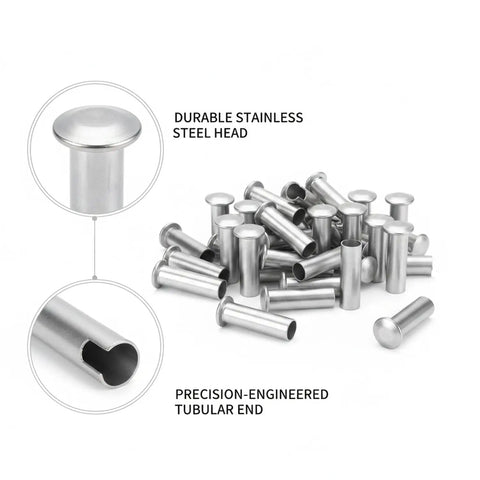 Rock Solid Semi Tubular Rivets 100 Pack 304 Stainless Steel Permanent Fasteners showing durable stainless steel heads and tubular ends.